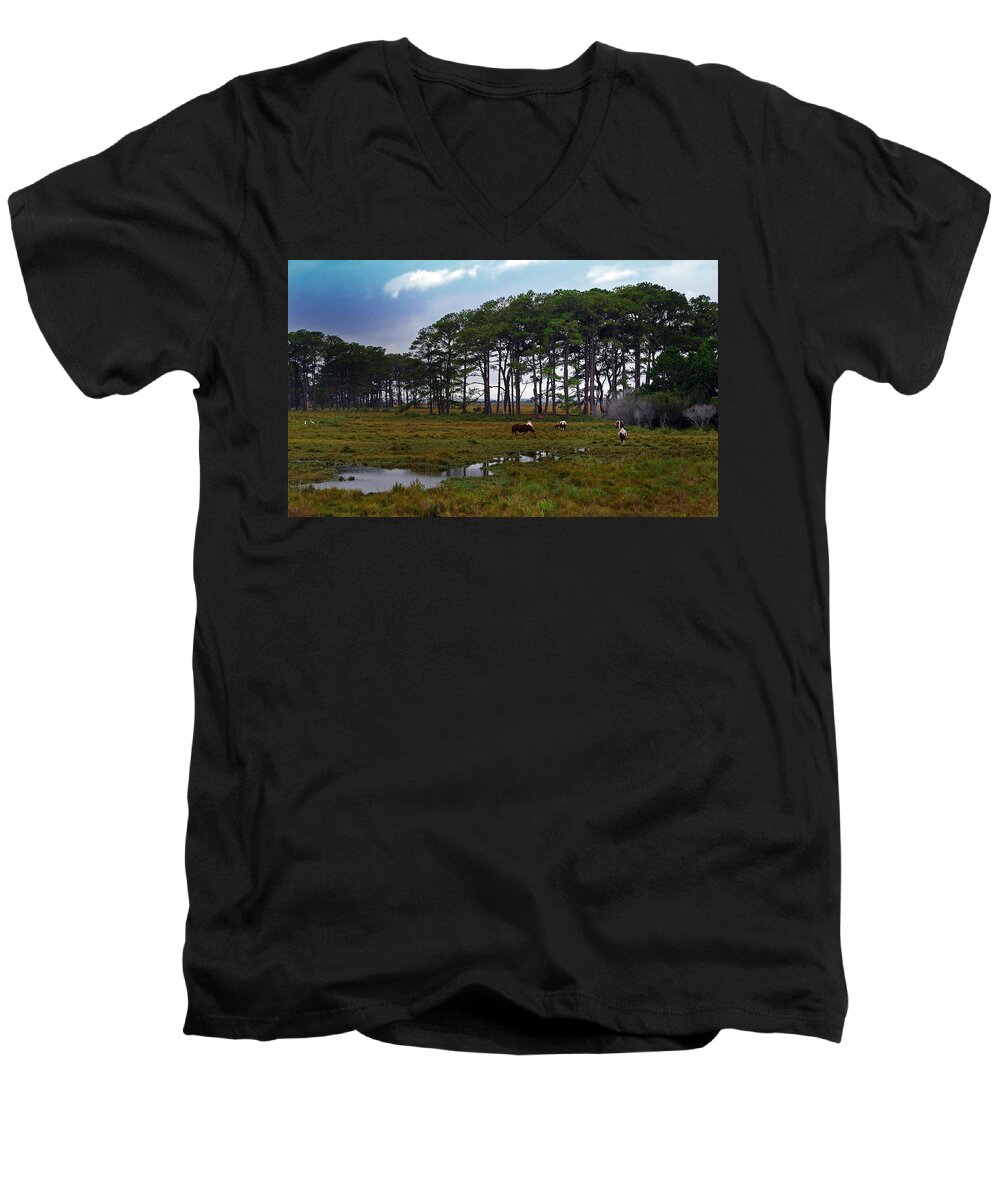 Pony Men's V-Neck T-Shirt featuring the photograph Wild Ponies of Assateague by Lori Tambakis