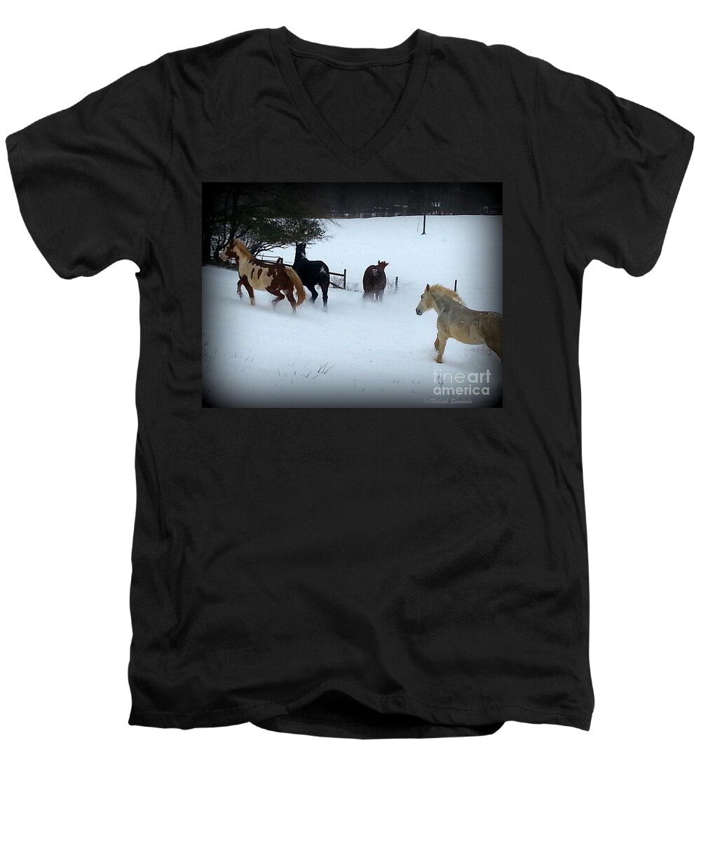 Horses Men's V-Neck T-Shirt featuring the photograph Winter Snow by Rabiah Seminole