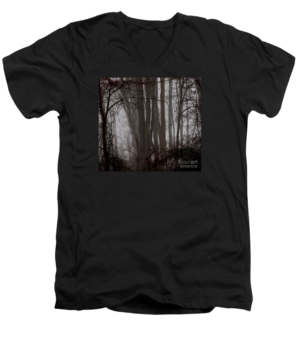 Woods Men's V-Neck T-Shirt featuring the photograph Winter Woods by Linda Shafer