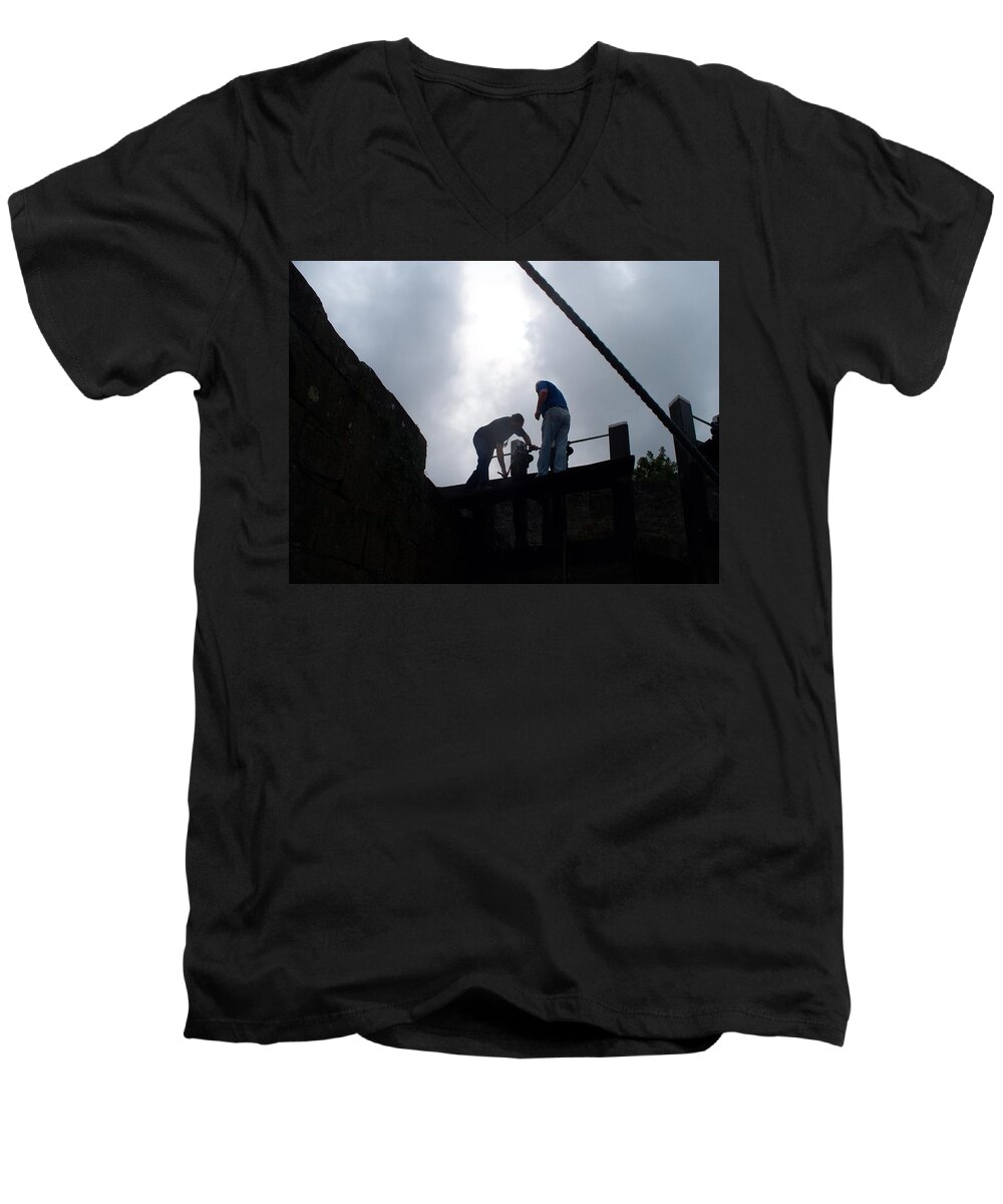 Canal Men's V-Neck T-Shirt featuring the photograph Working the Lock in Ireland by Kenlynn Schroeder