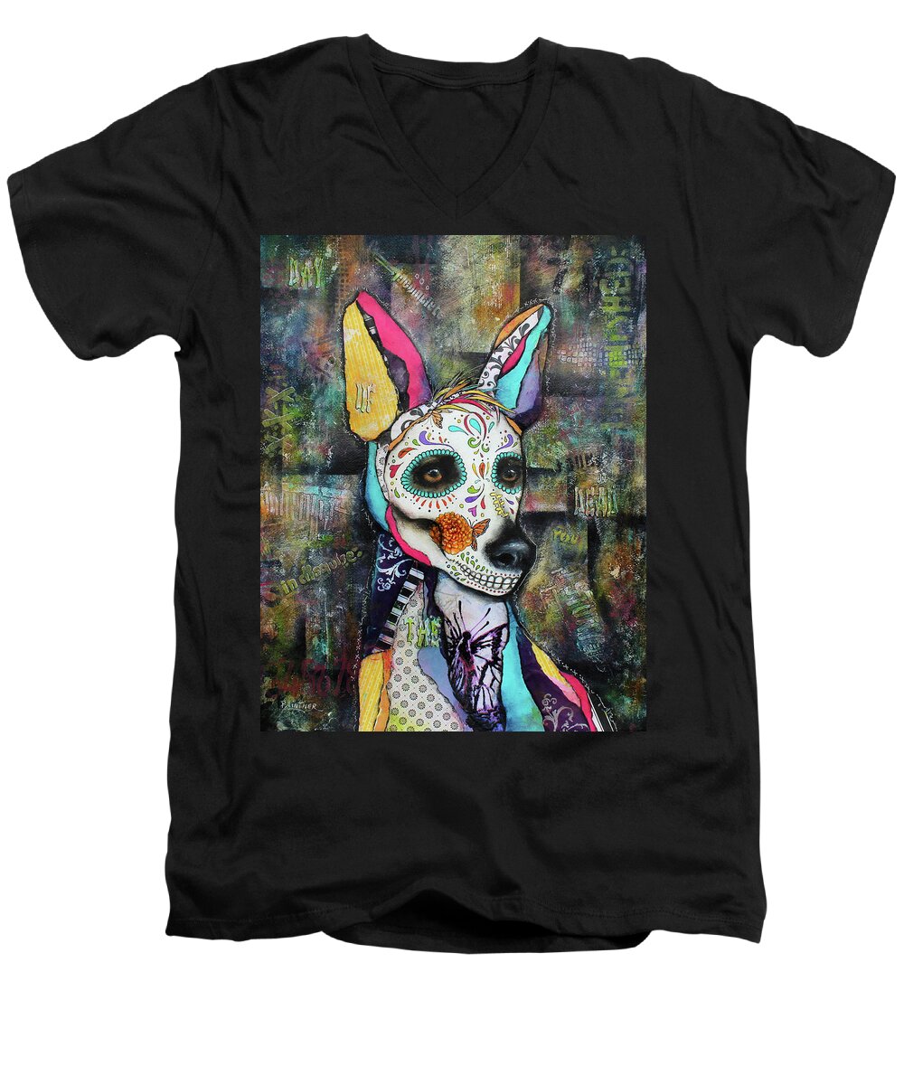 Xolo Dog Men's V-Neck T-Shirt featuring the mixed media Xolo Mexican Hairless Day of the Dead by Patricia Lintner