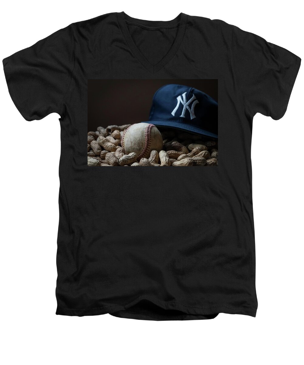 Terrydphotography Men's V-Neck T-Shirt featuring the photograph Yankee Cap Baseball and Peanuts by Terry DeLuco