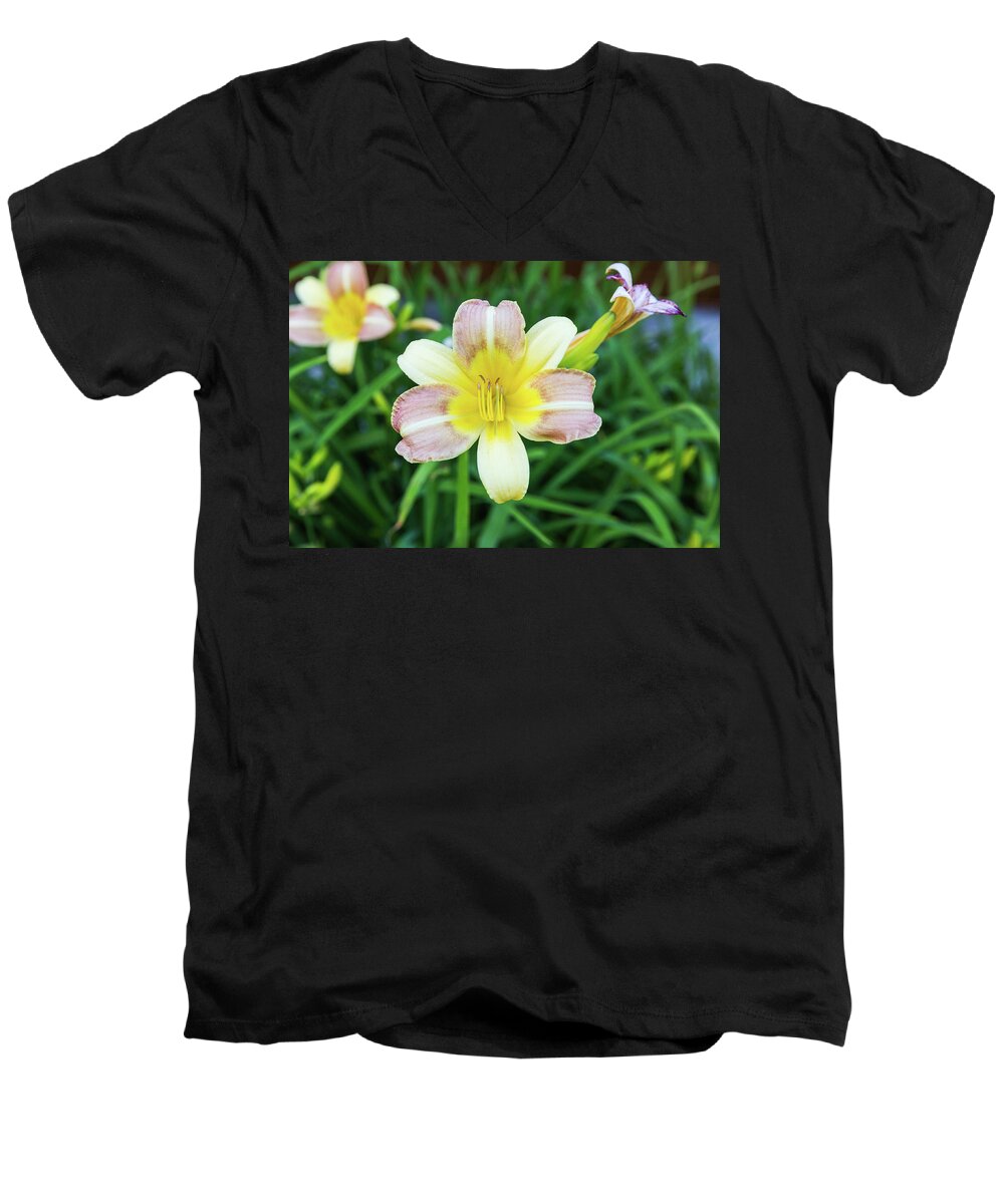 Daylily Men's V-Neck T-Shirt featuring the photograph Yellow Daylily by D K Wall