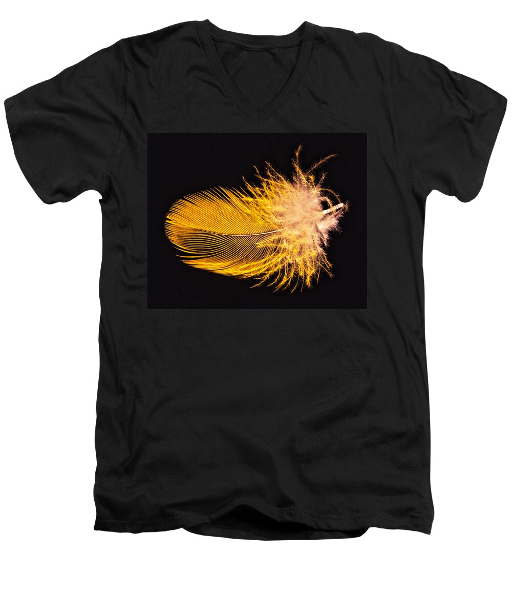 Pattern Men's V-Neck T-Shirt featuring the photograph Yellow Feather Macro by Bob Slitzan