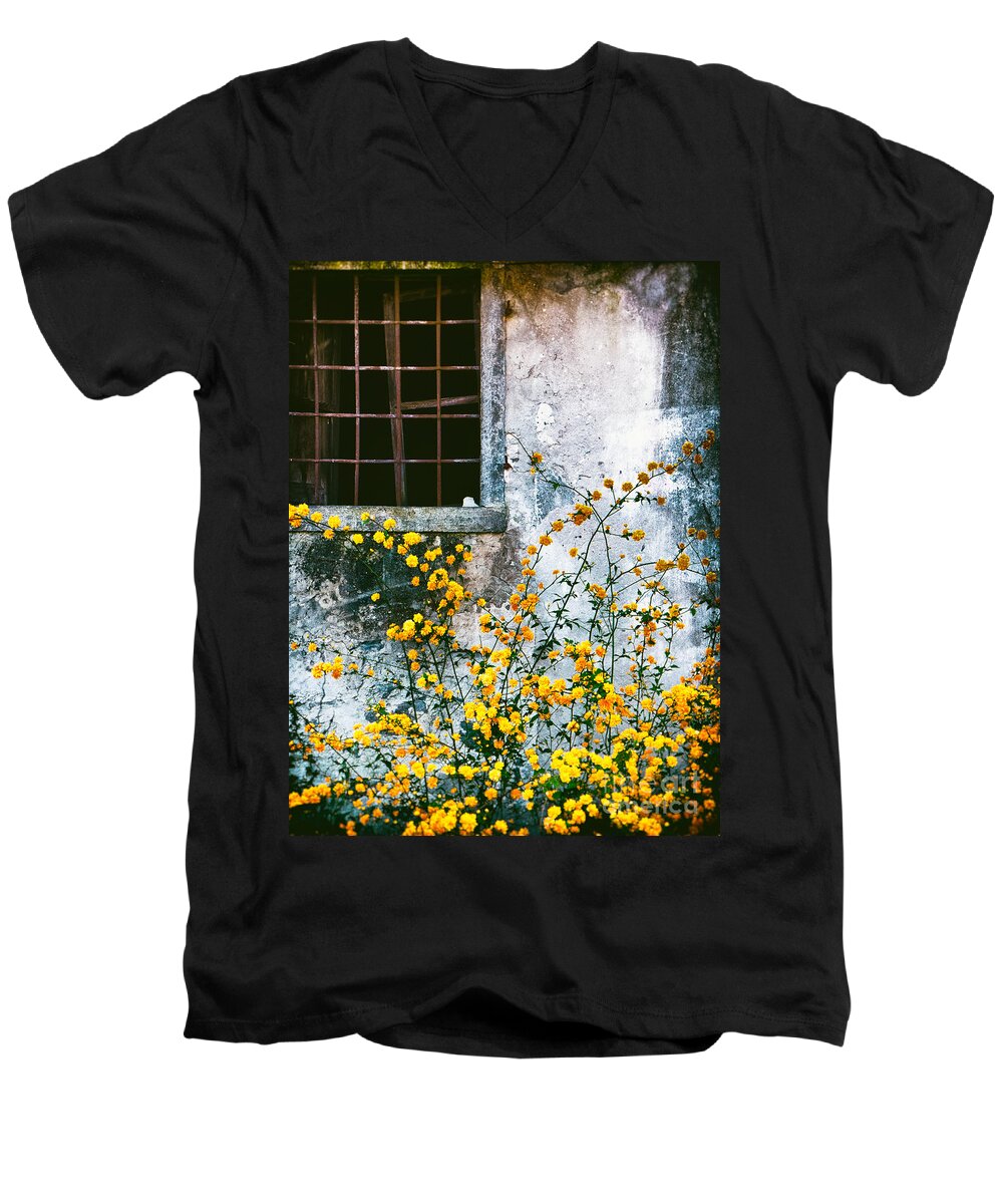 Abandoned Men's V-Neck T-Shirt featuring the photograph Yellow Flowers And Window by Silvia Ganora