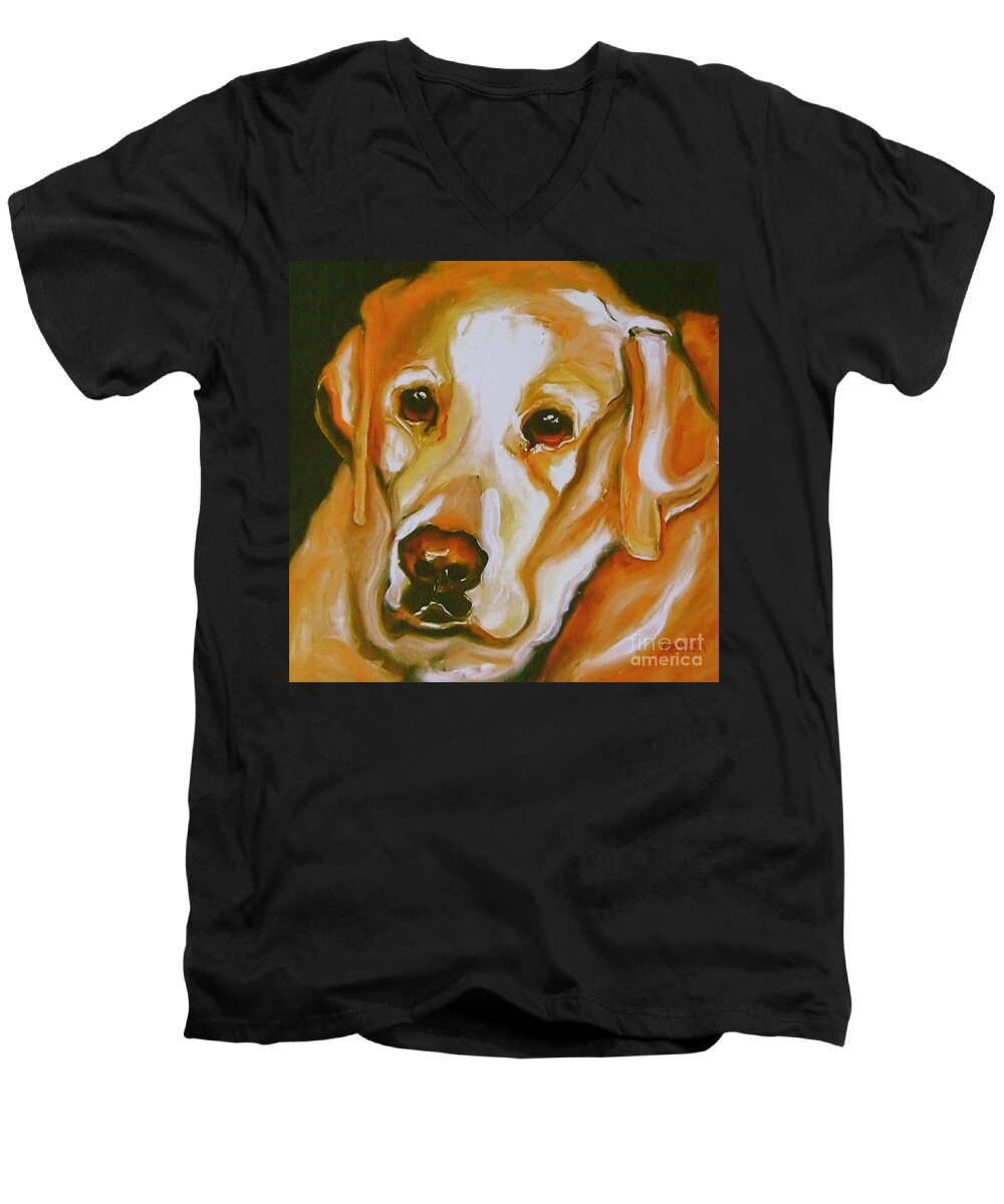 Oil Men's V-Neck T-Shirt featuring the painting Yellow Lab Amazing Grace by Susan A Becker