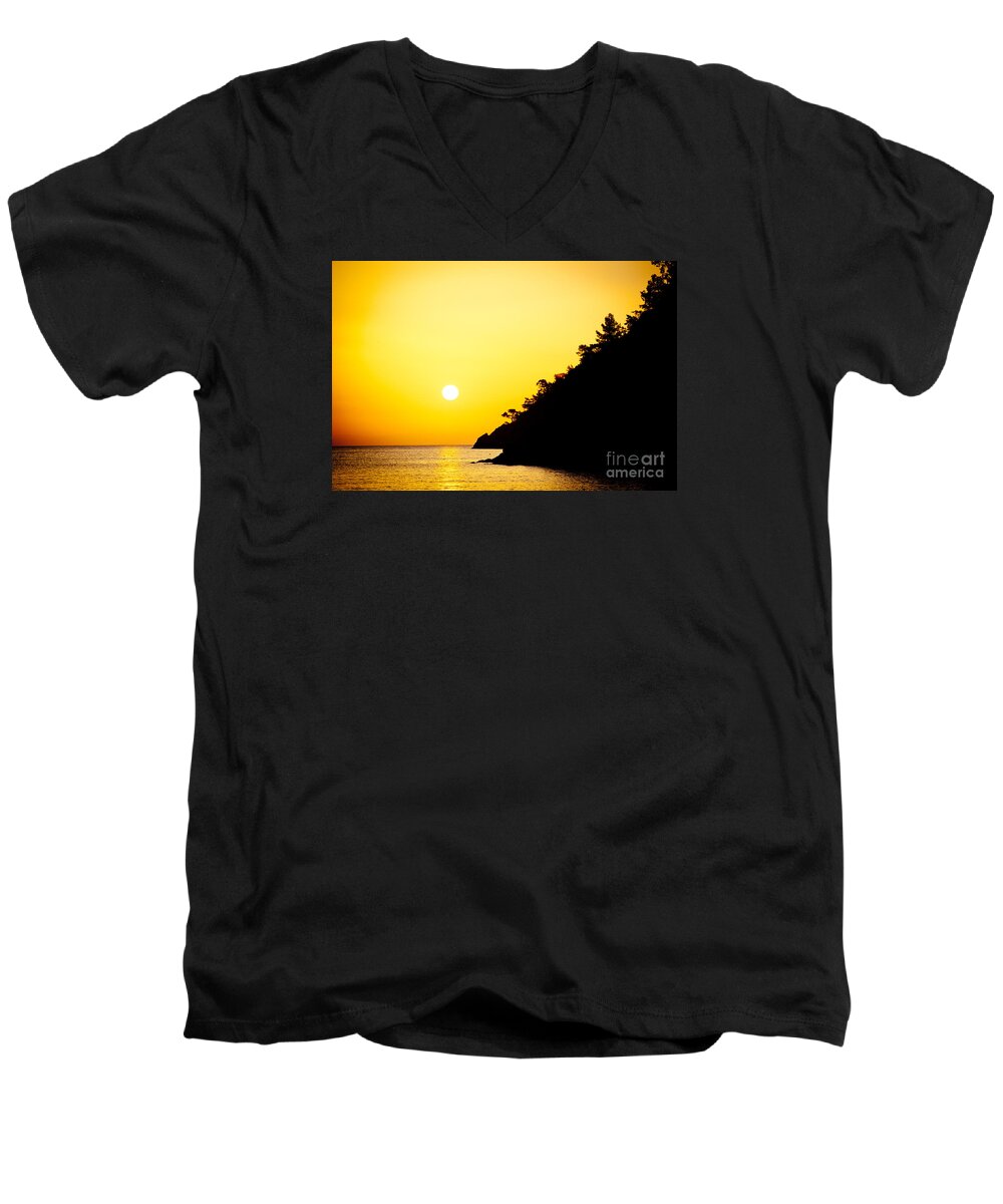 Water Men's V-Neck T-Shirt featuring the photograph Yellow Sunrise seascape and sun Artmif by Raimond Klavins
