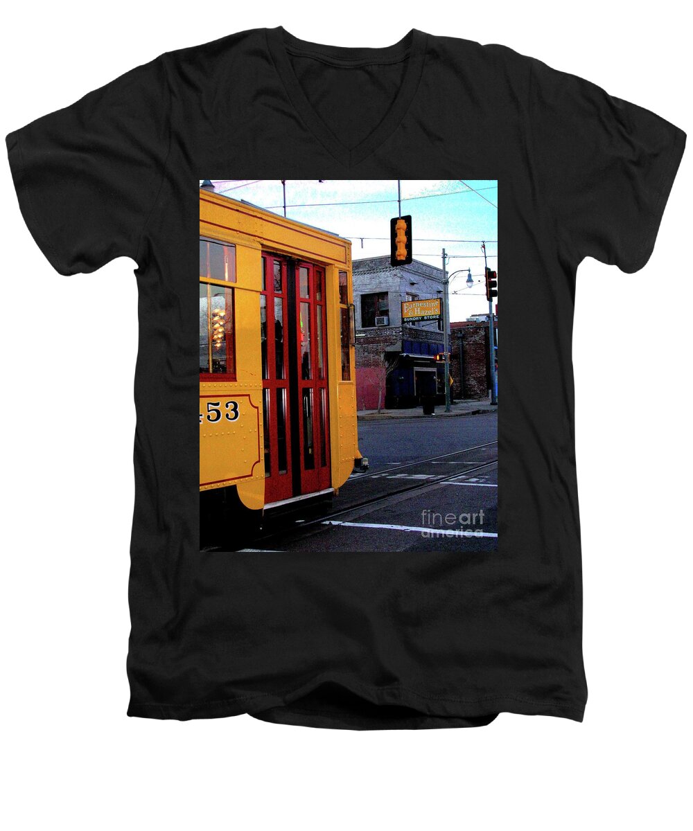 Trolley Men's V-Neck T-Shirt featuring the digital art Yellow Trolley at Earnestine and Hazels by Lizi Beard-Ward