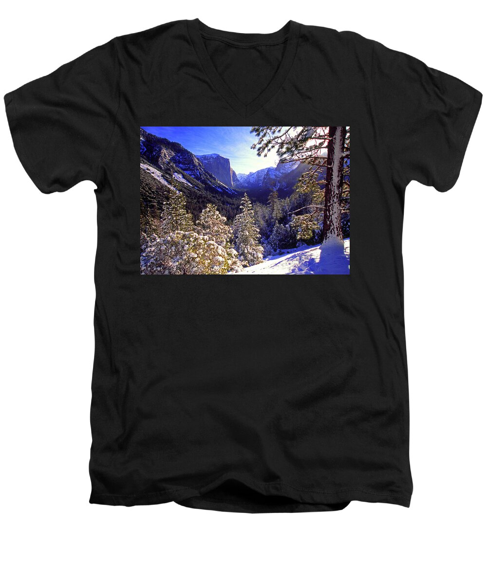 Usa Men's V-Neck T-Shirt featuring the photograph Yosemite Valley in winter, California by Gary Corbett