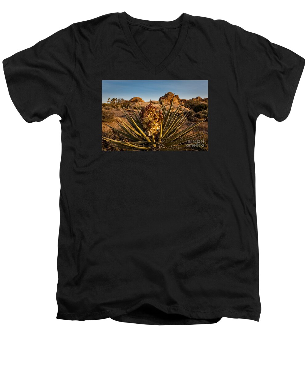 Joshua Tree National Park Men's V-Neck T-Shirt featuring the photograph Yucca Bloom by Patti Schulze
