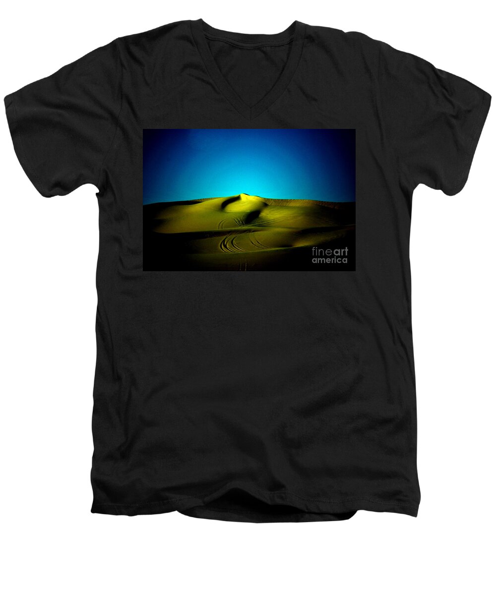 Algodones Men's V-Neck T-Shirt featuring the photograph Yuma Dunes Number One Bright Blue and Yellow Fish Eye In Black by Heather Kirk
