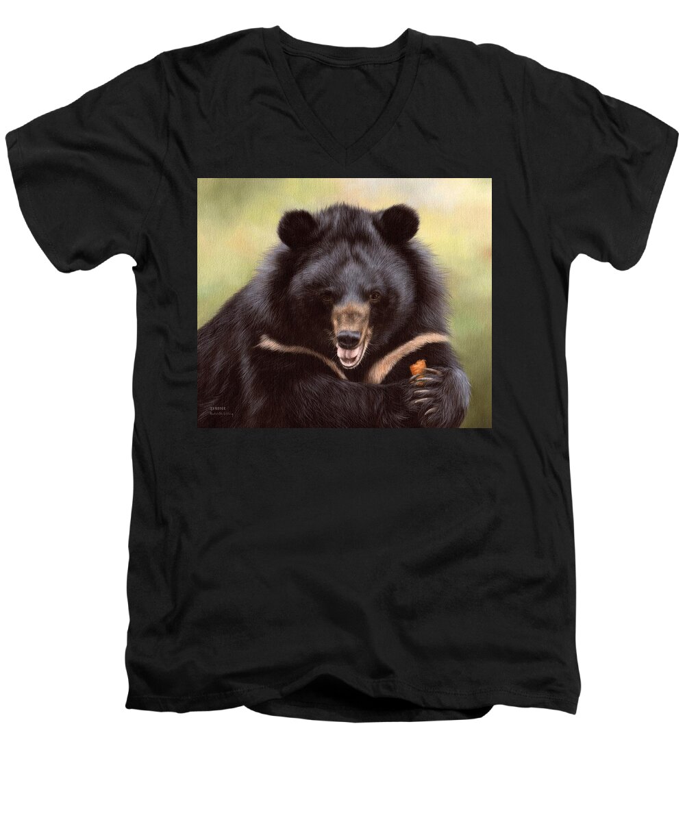 Moon Bear Men's V-Neck T-Shirt featuring the painting Zebedee Moon Bear - In Support of Animals Asia by Rachel Stribbling