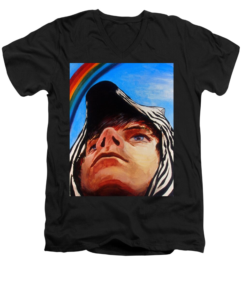 Wild Men's V-Neck T-Shirt featuring the painting Zebras always look for rainbows by Rene Capone