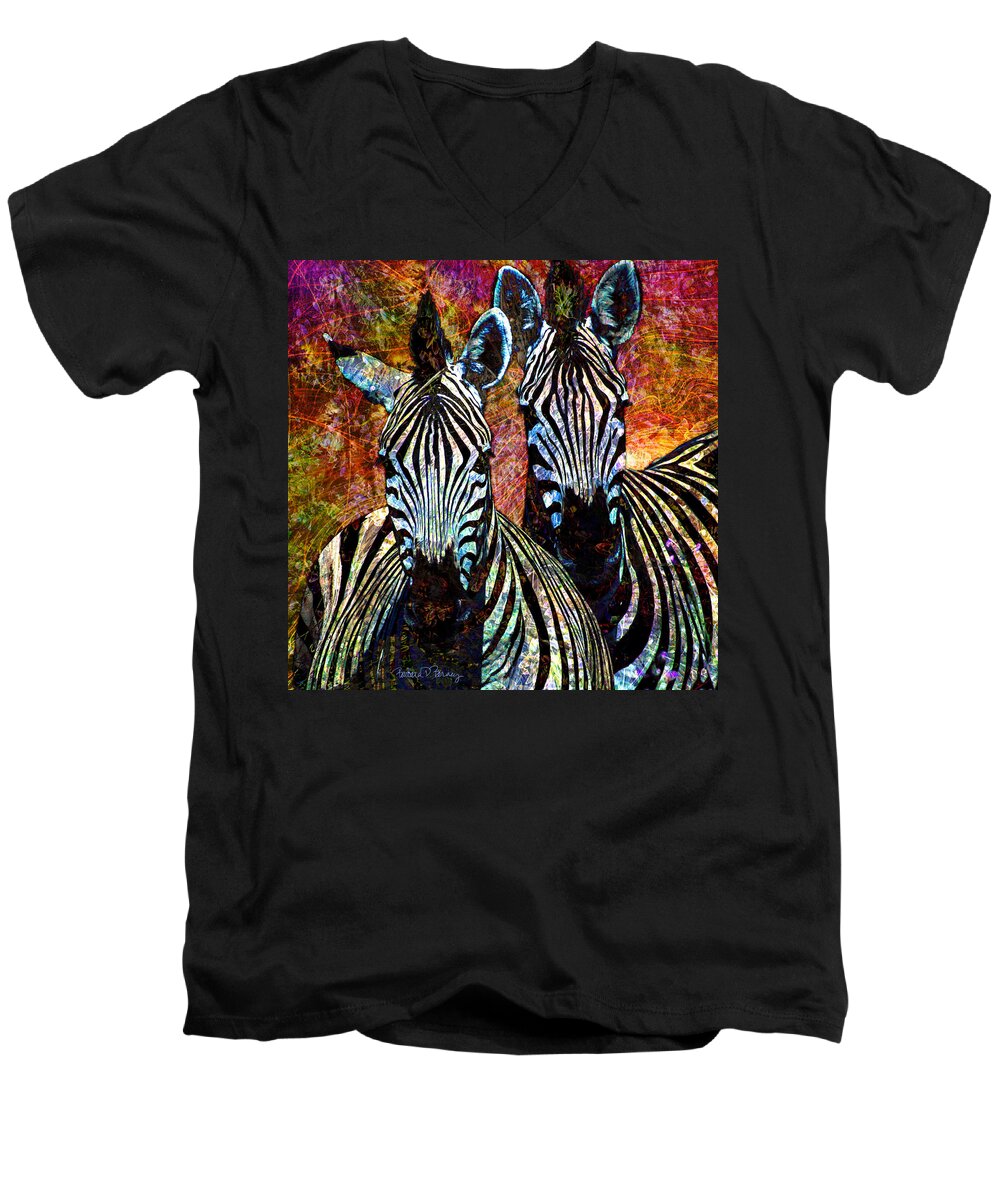 Zebra Men's V-Neck T-Shirt featuring the digital art Zebras by Barbara Berney