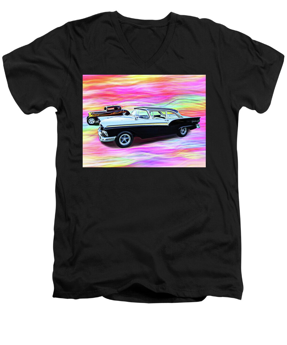 1932 Ford Men's V-Neck T-Shirt featuring the digital art 1932 and 1957 Fords by Rick Wicker