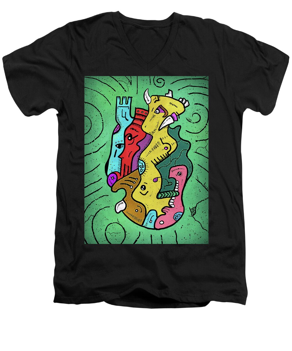 Cute Kitty Men's V-Neck T-Shirt featuring the digital art Psychedelic Animals #2 by Sotuland Art