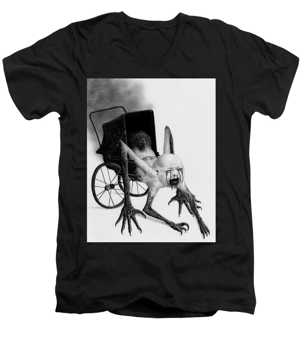 Horror Men's V-Neck T-Shirt featuring the drawing The Nightmare Carriage - Artwork #3 by Ryan Nieves