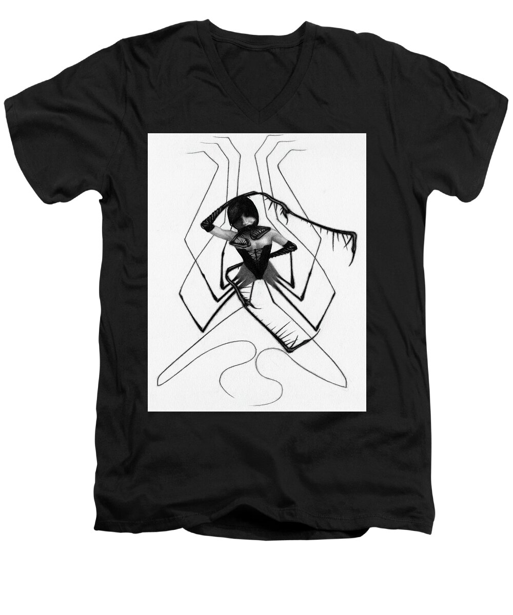 Horror Men's V-Neck T-Shirt featuring the drawing Aiko The Mistress Noir - Artwork by Ryan Nieves