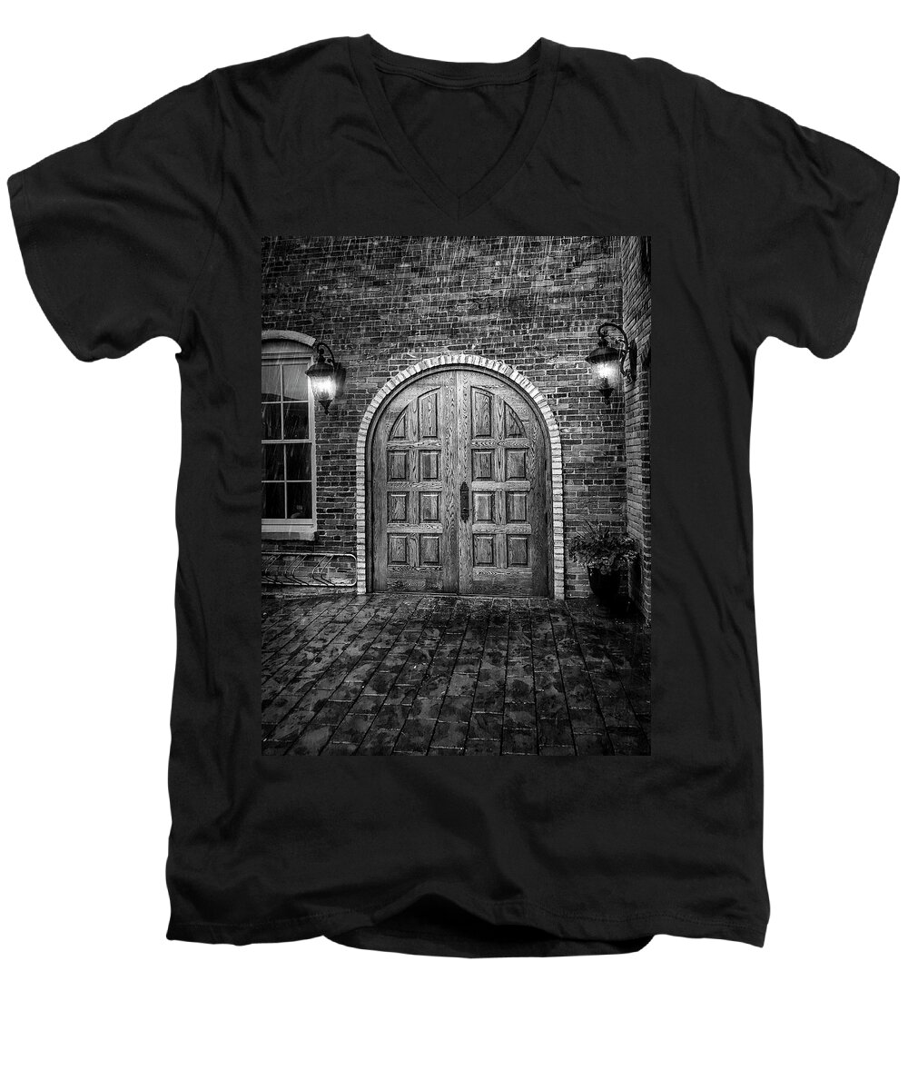 Doors Men's V-Neck T-Shirt featuring the photograph Alehaus BW by Jill Love