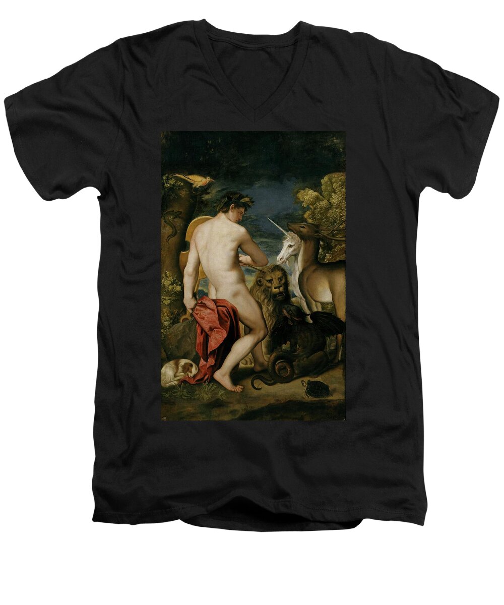 Orpheus Men's V-Neck T-Shirt featuring the painting Alessandro Varotari Padovanino / 'Orpheus', First half 17th century, Italian School. by Alessandro Varotari -1588-1649-