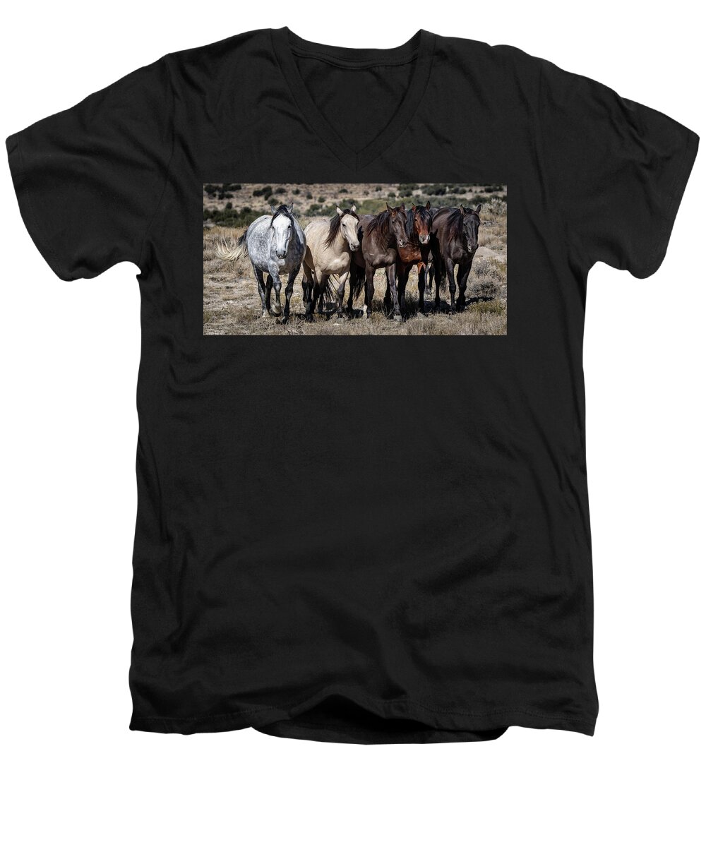 Wild Horses Men's V-Neck T-Shirt featuring the photograph All in a row by Mary Hone