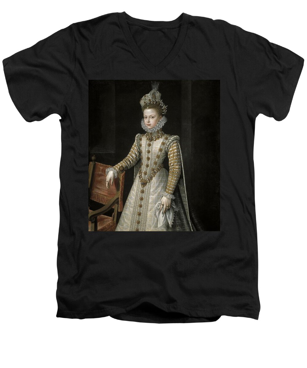 Alonso Sanchez Coello Men's V-Neck T-Shirt featuring the painting Alonso Sanchez Coello / 'The Infanta Isabel Clara Eugenia', 1579, Spanish School. FELIPE II FAMILIA. by Alonso Sanchez Coello -1531-1588-