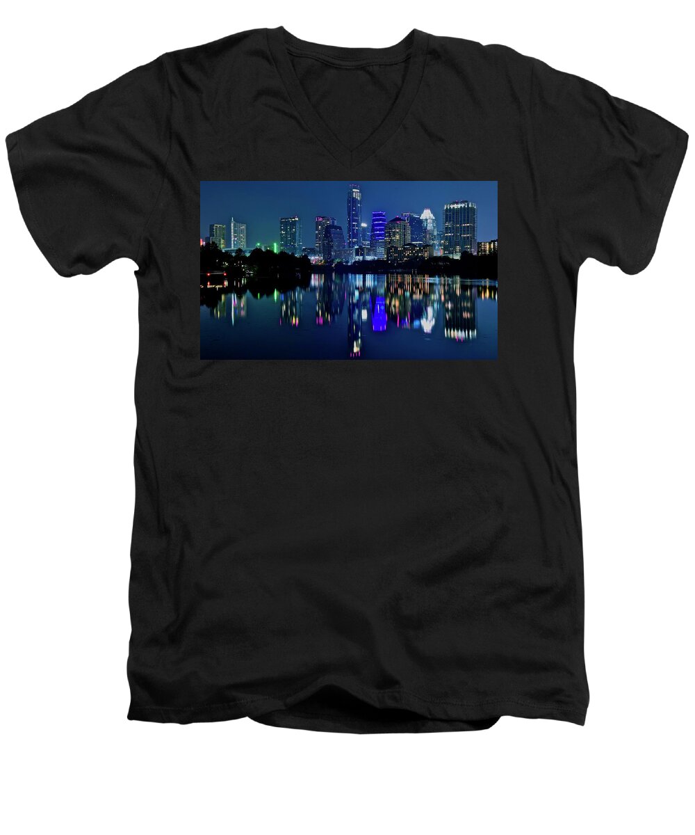 Austin Men's V-Neck T-Shirt featuring the photograph Austin Night Reflection by Frozen in Time Fine Art Photography