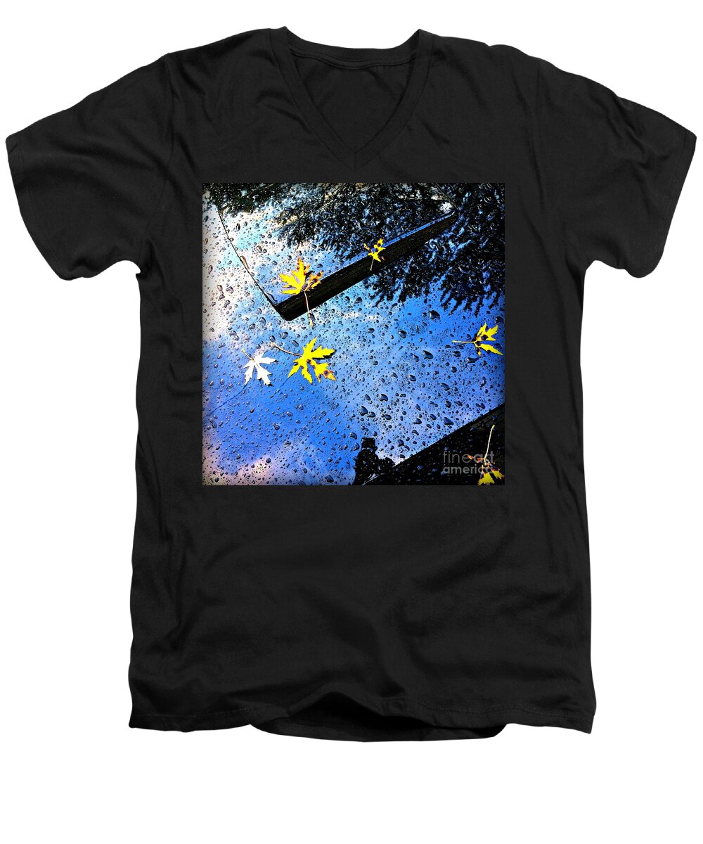 Autumn Men's V-Neck T-Shirt featuring the photograph Autumn Raindrops Car Reflections by Frank J Casella