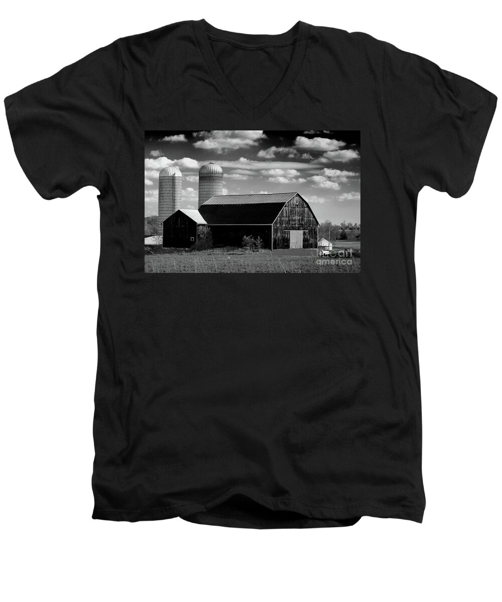 Old Men's V-Neck T-Shirt featuring the photograph Barn and Silos in Black and White by Les Palenik