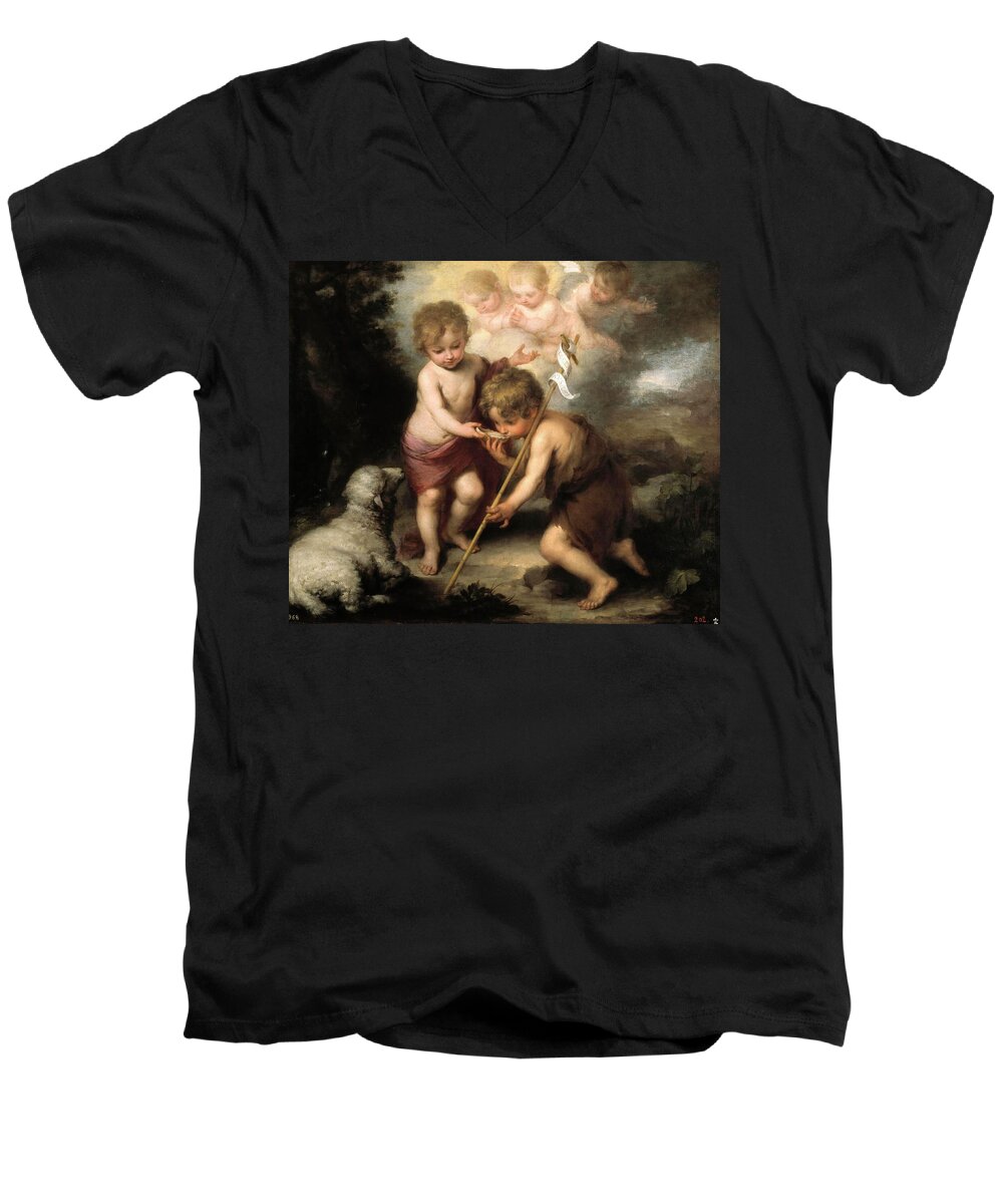 Bartolome Esteban Murillo Men's V-Neck T-Shirt featuring the painting Bartolome Esteban Murillo / 'The Holy Children with a Shell', 1670-1675, Spanish School. by Bartolome Esteban Murillo -1611-1682-