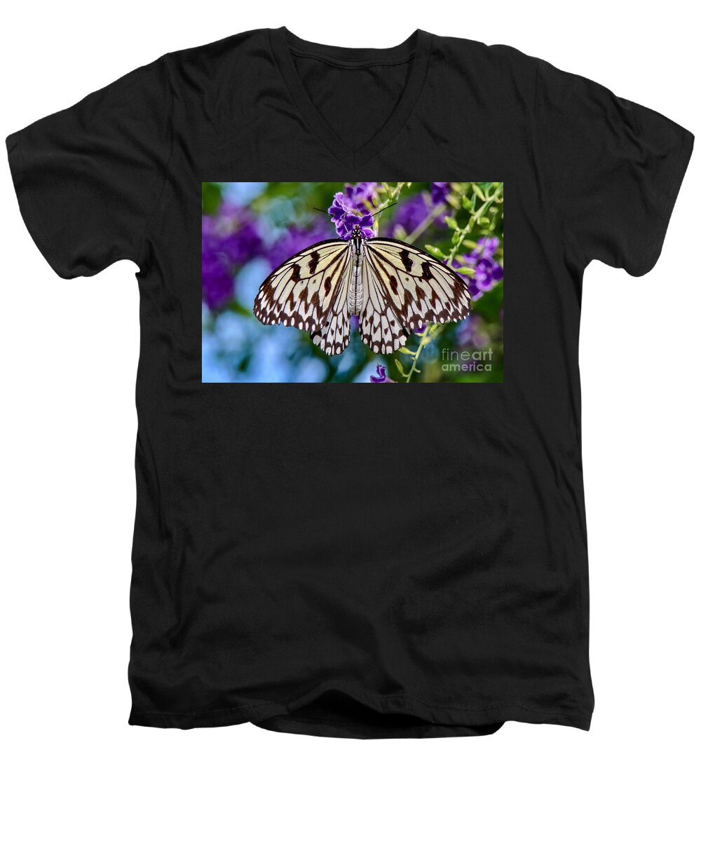 Closeup Men's V-Neck T-Shirt featuring the photograph Black and White Paper Kite Butterfly by Susan Rydberg