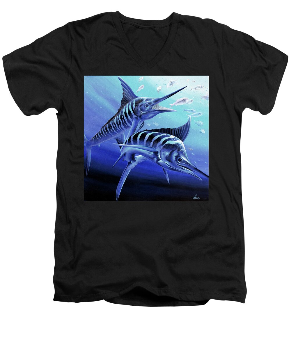 Blue Marlin Men's V-Neck T-Shirt featuring the painting Blue Marlins by William Love