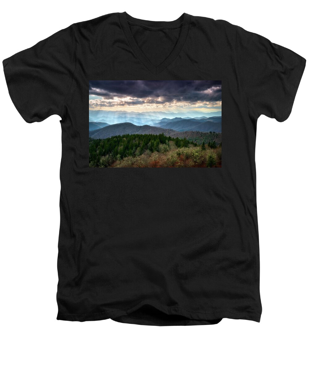 Wnc Men's V-Neck T-Shirt featuring the photograph Blue Ridge Mountains Asheville NC Scenic Light Rays Landscape Photography by Dave Allen