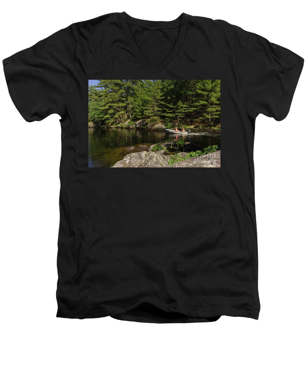 Boat Men's V-Neck T-Shirt featuring the photograph Boat driving through a narrow channel by Les Palenik