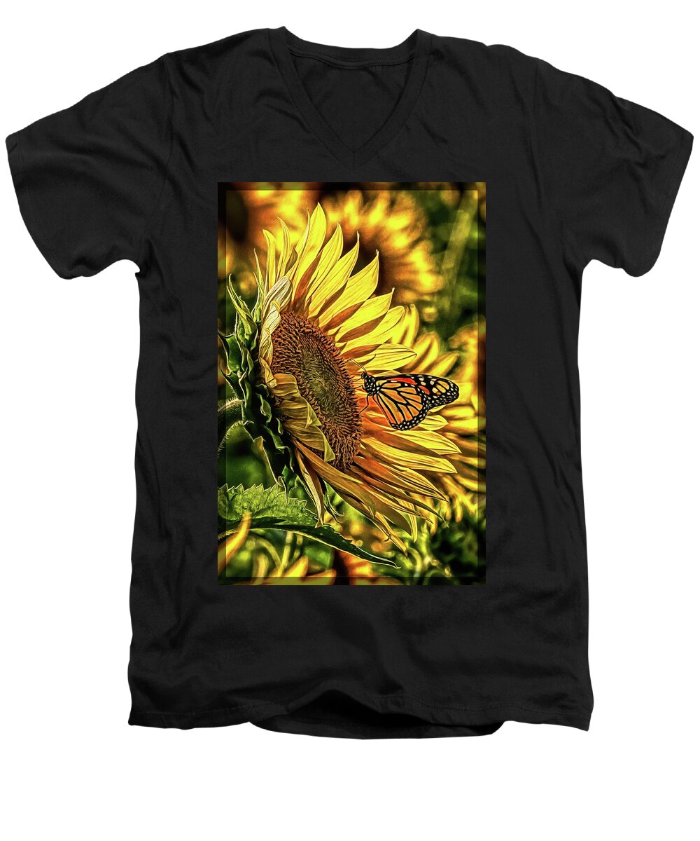 Marias Field Of Hope Men's V-Neck T-Shirt featuring the digital art Butterfly and Sunflower at Maria's Field of Hope by Mark Madere
