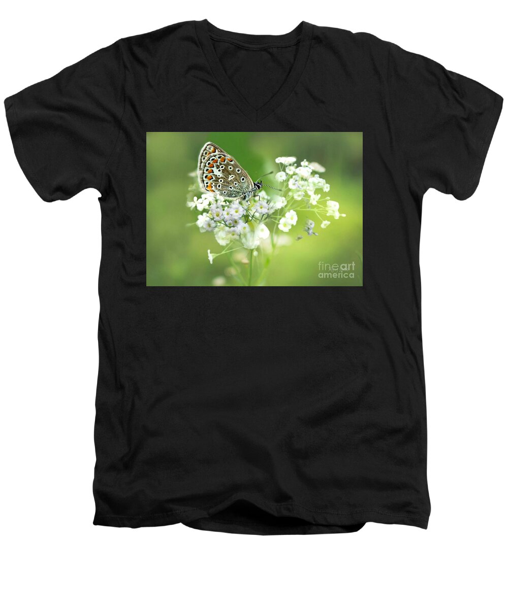 Butterfly Men's V-Neck T-Shirt featuring the mixed media Butterfly on Babybreath by Morag Bates