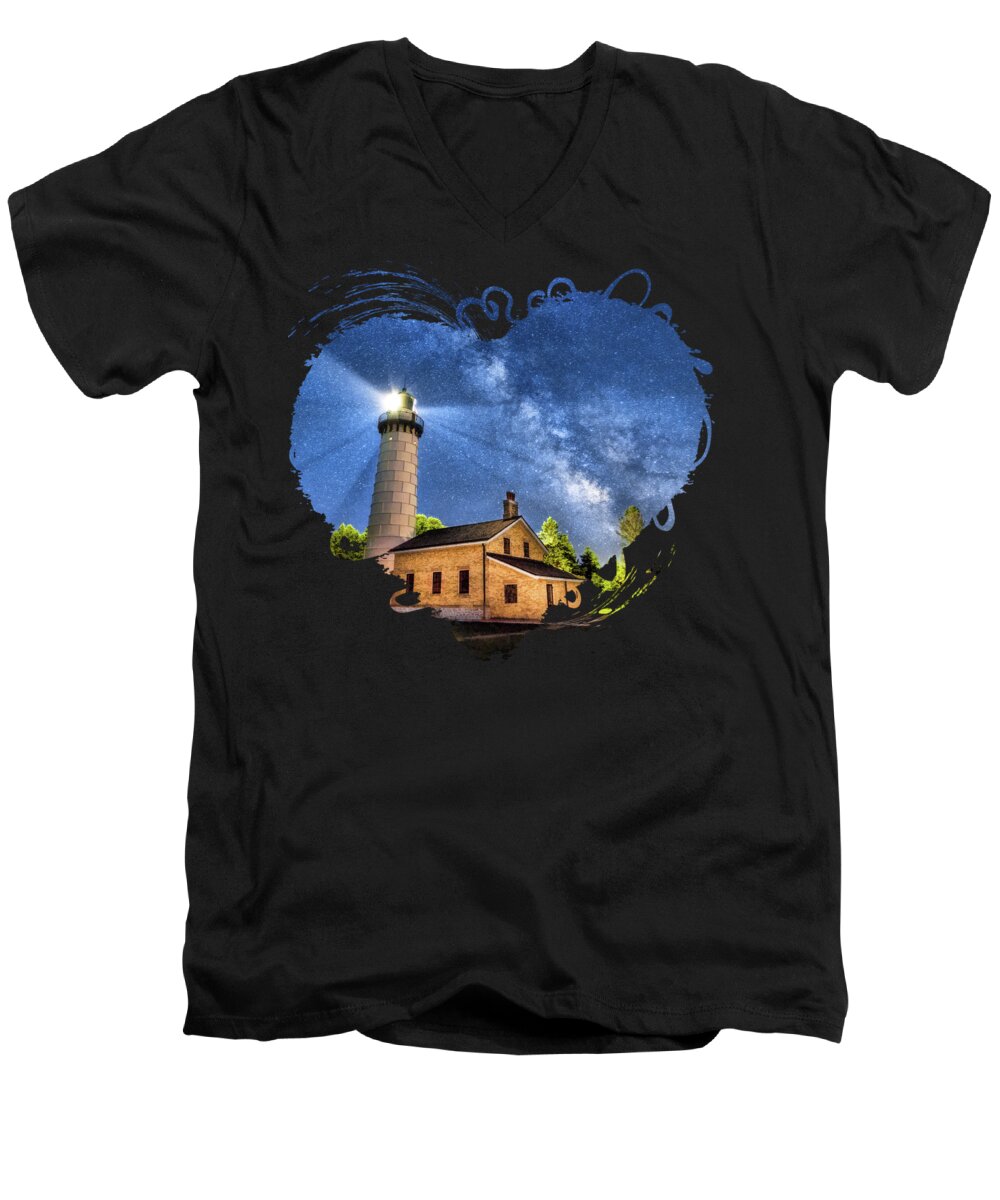 Door County Men's V-Neck T-Shirt featuring the painting Cana Island Lighthouse Milky Way in Door County Wisconsin by Christopher Arndt