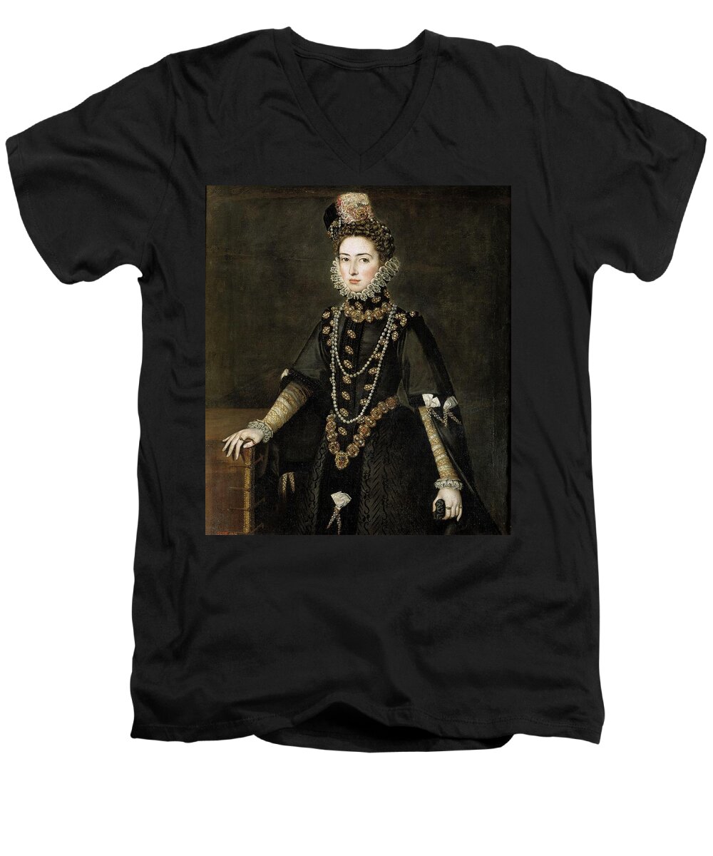 Alonso Sanchez Coello Men's V-Neck T-Shirt featuring the painting 'Catalina Micaela de Austria, Duchess of Savoy', 1584-1585, Spanish Schoo... by Alonso Sanchez Coello -1531-1588-