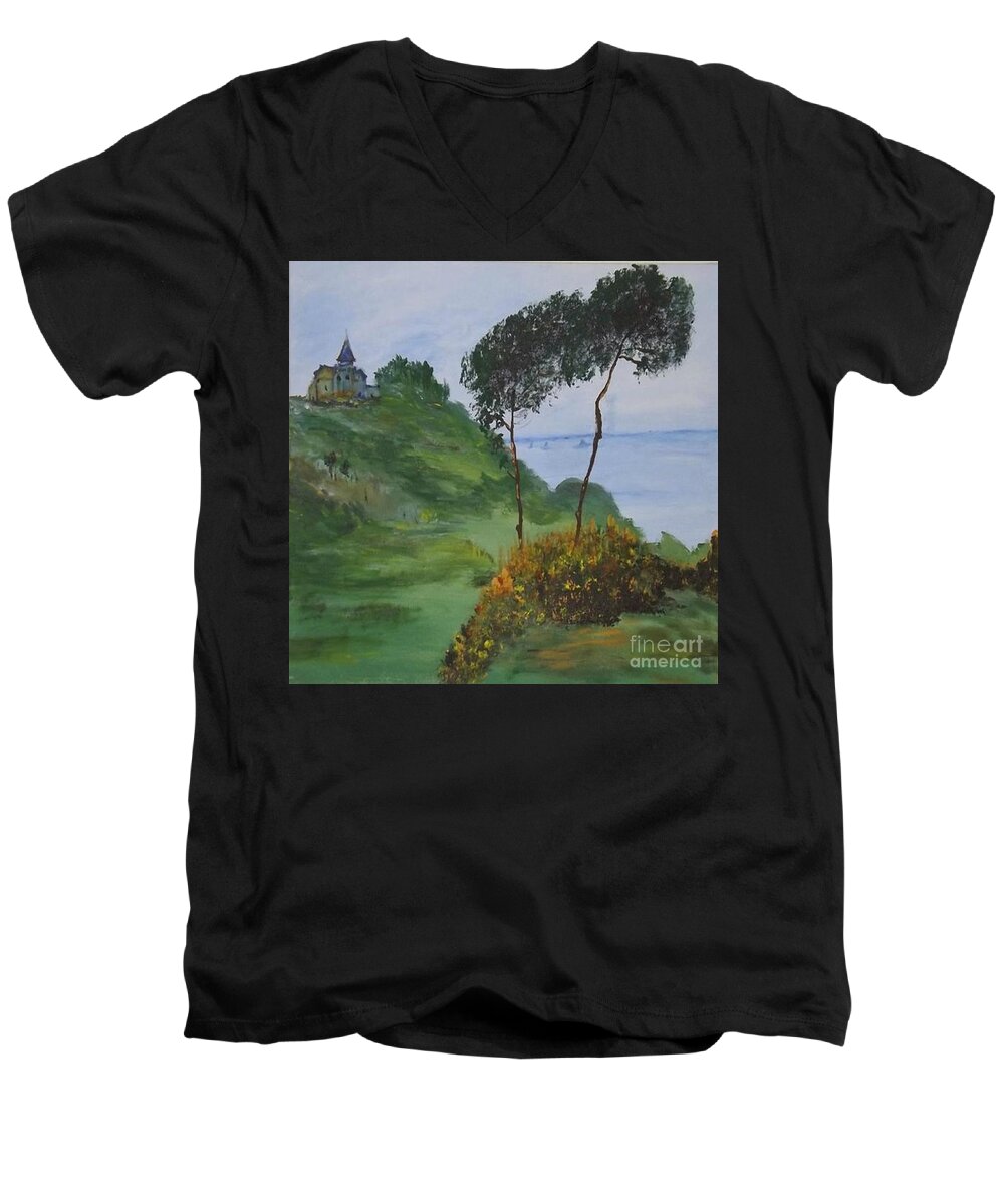 Acrylic Men's V-Neck T-Shirt featuring the painting Chapel On The Hill by Denise Morgan