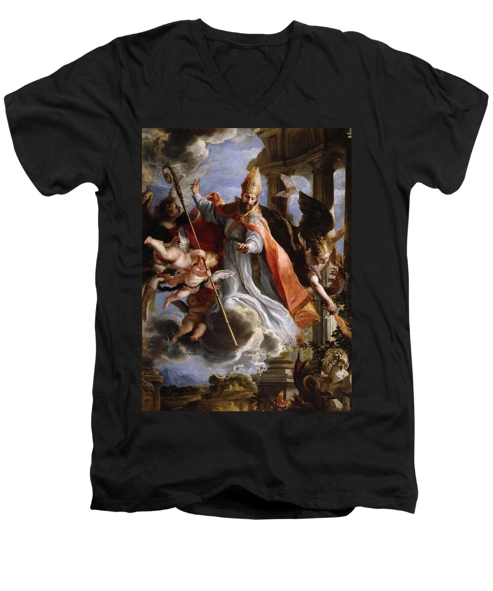 Claudio Coello Men's V-Neck T-Shirt featuring the painting Claudio Coello / 'The Triumph of Saint Augustine', 1664, Spanish School, Oil on canvas. by Claudio Coello -1642-1693-