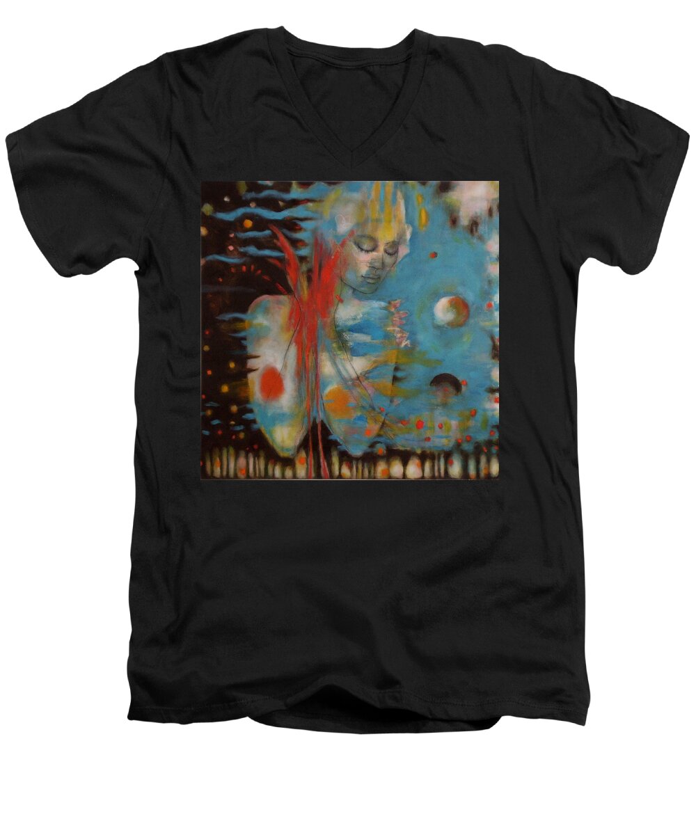 Gaia Men's V-Neck T-Shirt featuring the painting Conversation with Gaia by Janet Zoya