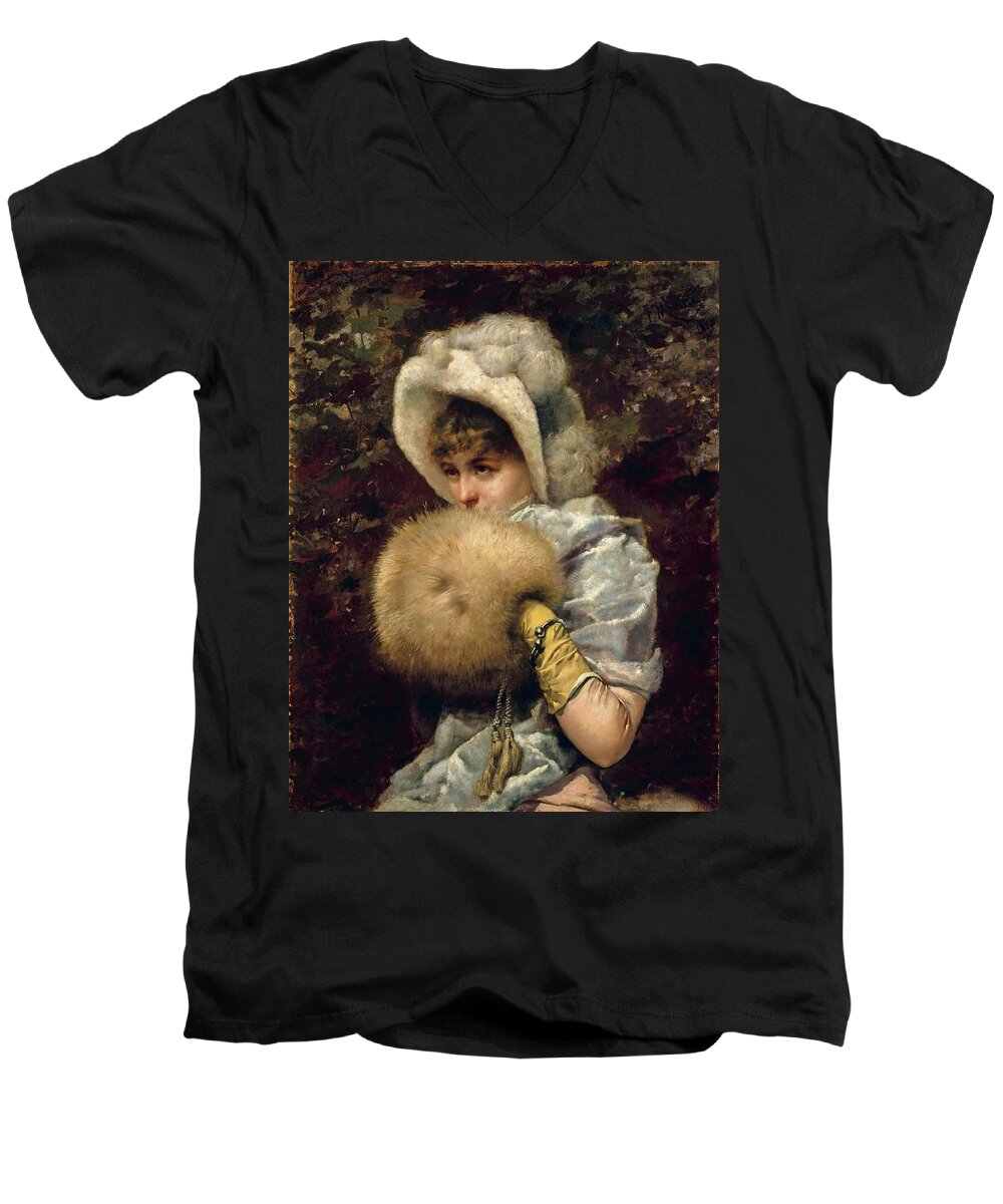 Francesc Masriera Men's V-Neck T-Shirt featuring the painting FRANCESC MASRIERA Winter 1882. Date/Period 1882. Painting. Oil on canvas. by Francesc Masriera y Manovens -1842-1902-