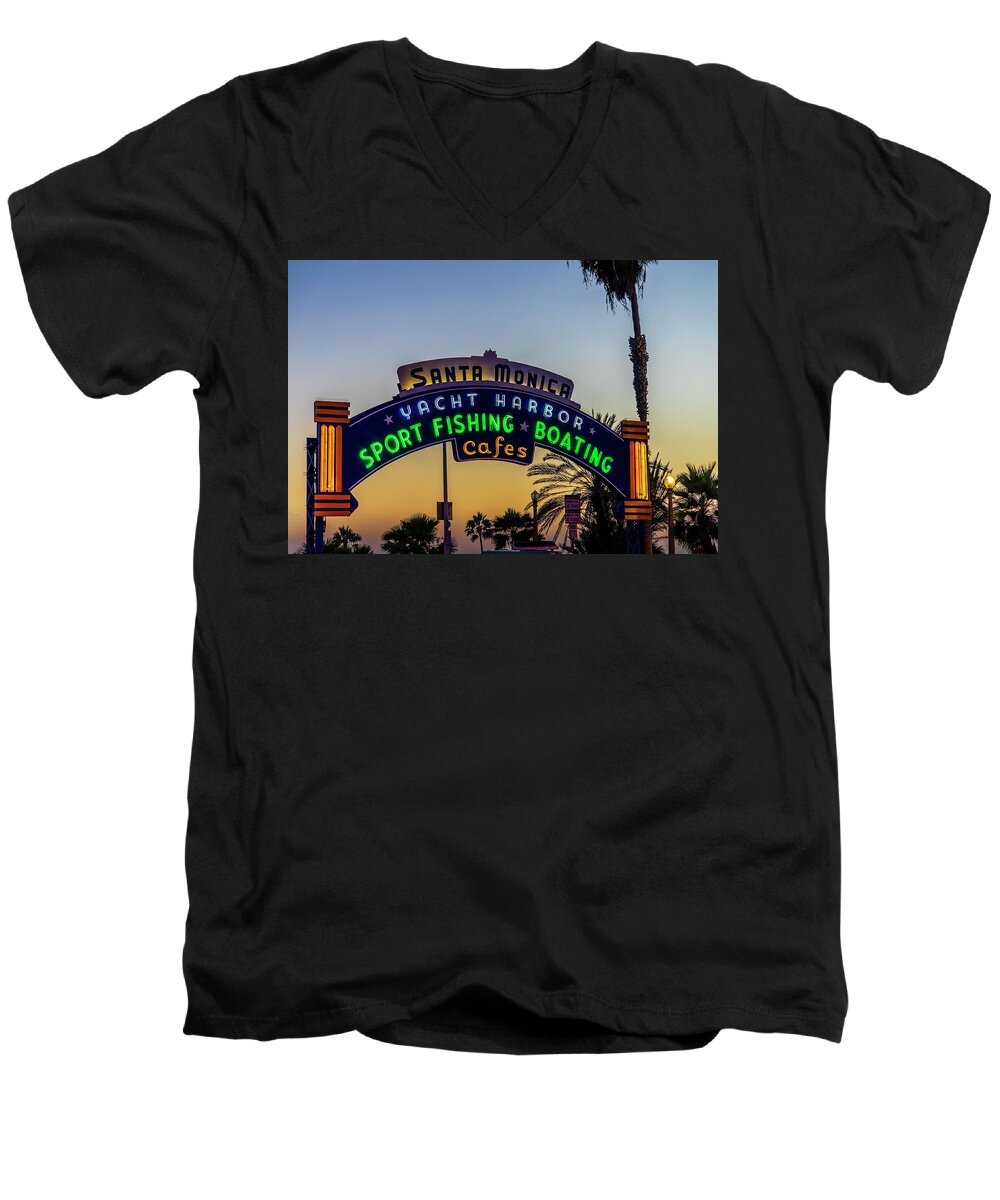 Santa Monica Pier Men's V-Neck T-Shirt featuring the photograph Gateway To The Pier by Gene Parks