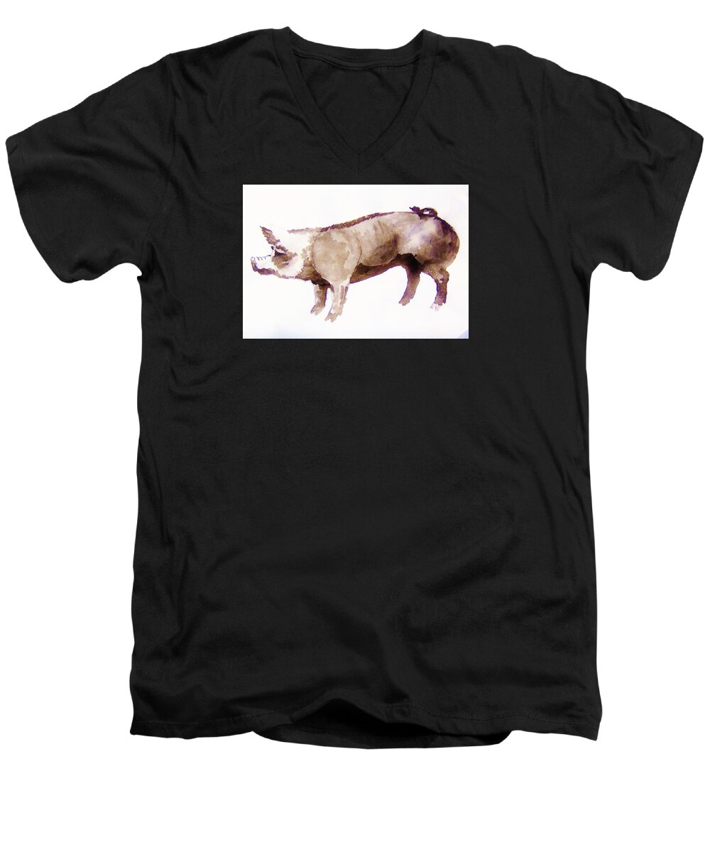 German Pietrain Pig Men's V-Neck T-Shirt featuring the painting Germin Pietrain Pig 3 by Larry Campbell