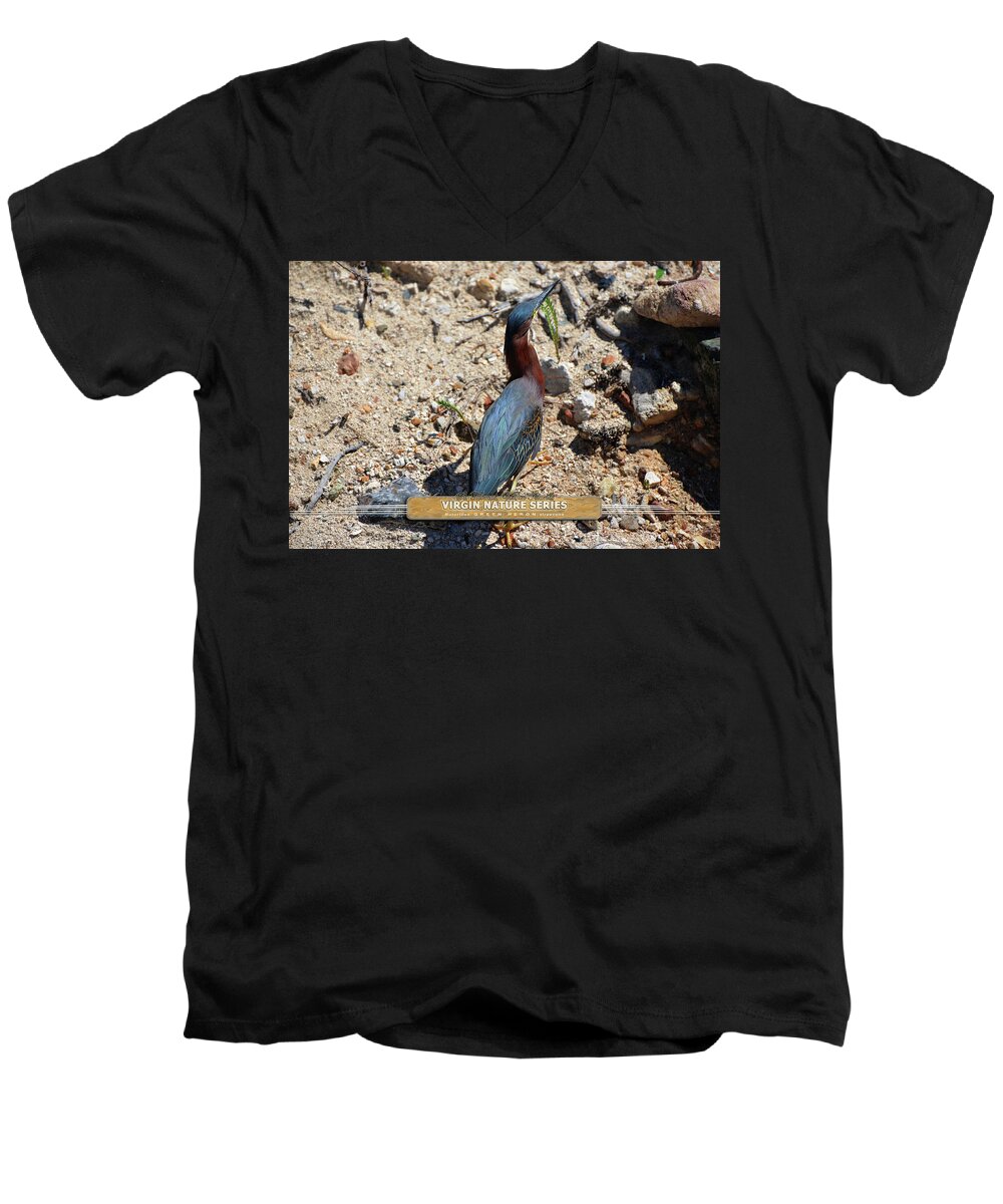 Green Heron Men's V-Neck T-Shirt featuring the photograph Green Heron Strut - Virgin Nature Series by Climate Change VI - Sales