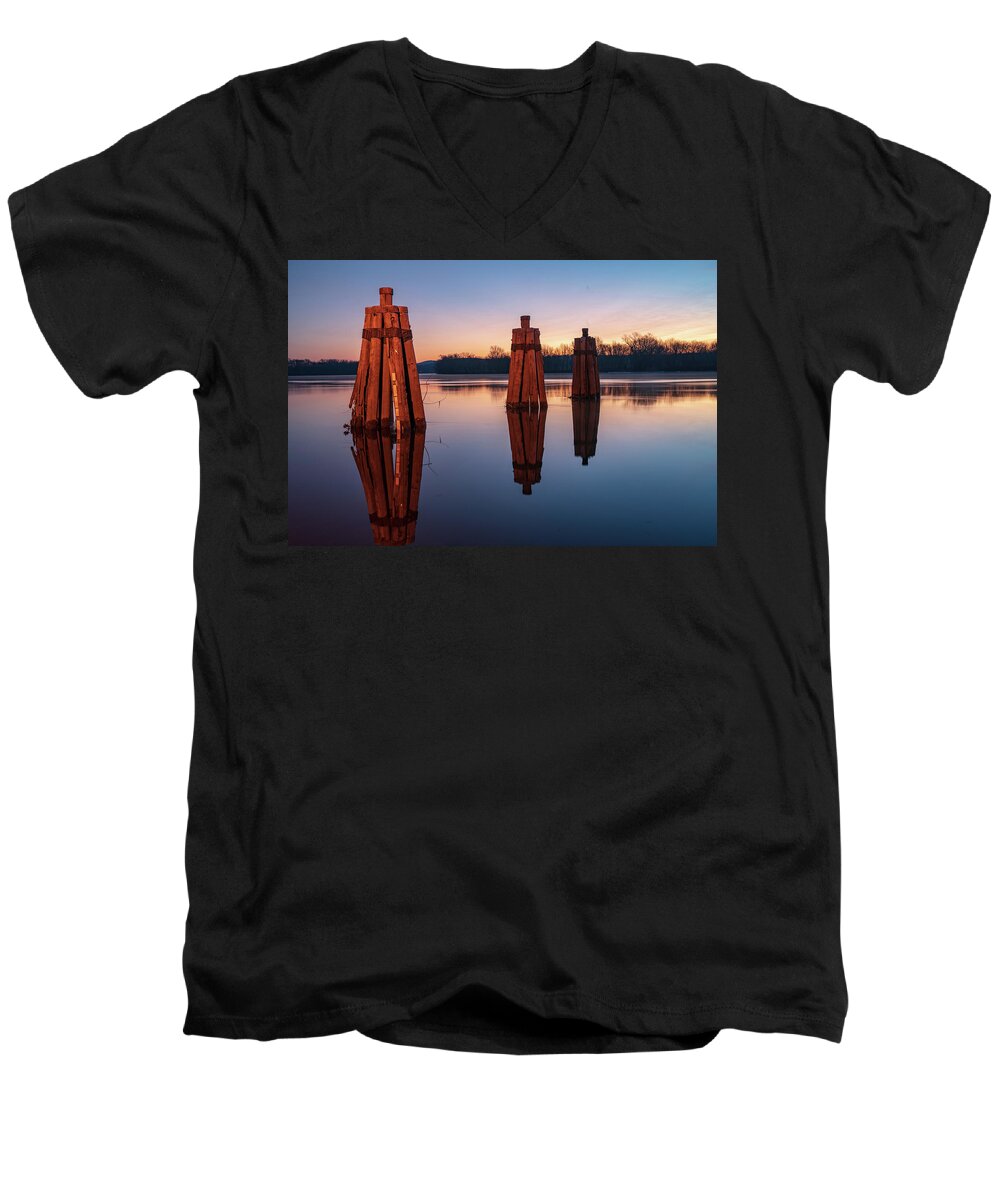 Rocky Hill Men's V-Neck T-Shirt featuring the photograph Group of three docking piles on Connecticut river by Kyle Lee