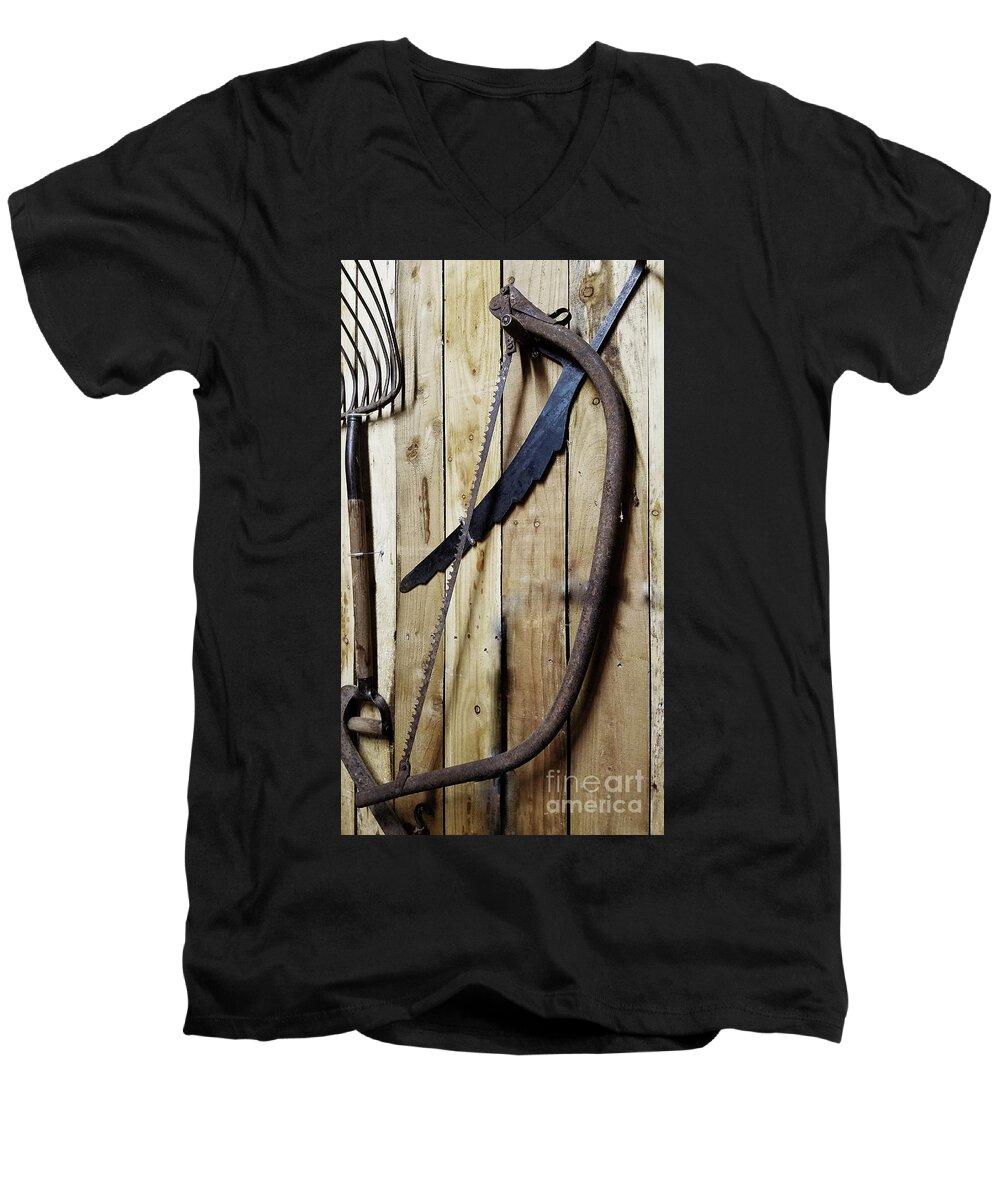 Hacksaw Men's V-Neck T-Shirt featuring the photograph Hack Saw on Barn Wall by Mary Capriole