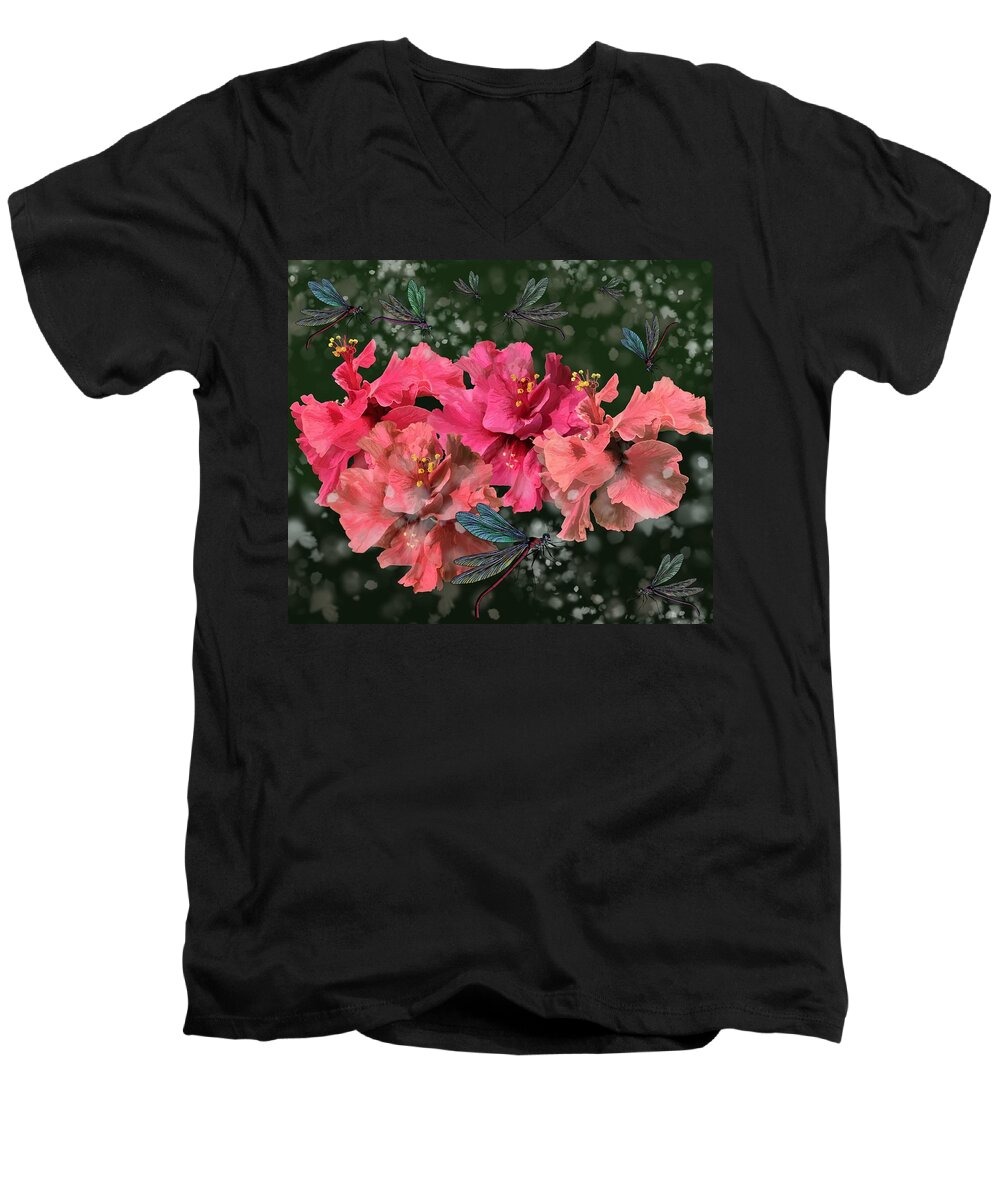Dragonfly Men's V-Neck T-Shirt featuring the drawing Hibiscus Fluttering with Dragonflies by Joan Stratton