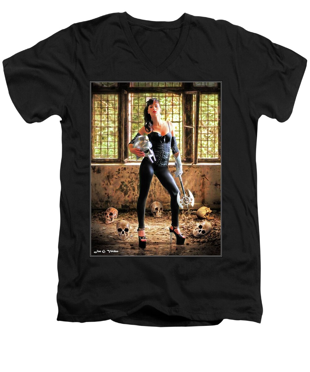 Zombie Men's V-Neck T-Shirt featuring the photograph High Heeled Zombie Slayer by Jon Volden