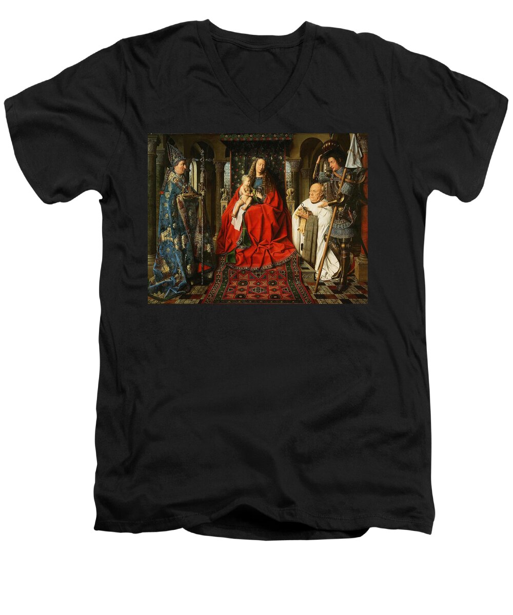 Child Jesus Men's V-Neck T-Shirt featuring the painting Jan van Eyck / 'Virgin and Child with Canon van der Paele', 1434-36, Oil on wood, 122.1 x 157.8 cm. by Jan van Eyck -1390-1441-